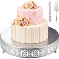 Wenqik Silver Metal Cake Stand 12 Inch with Cutting & Spatula - color: Silver, size: 12 Inch