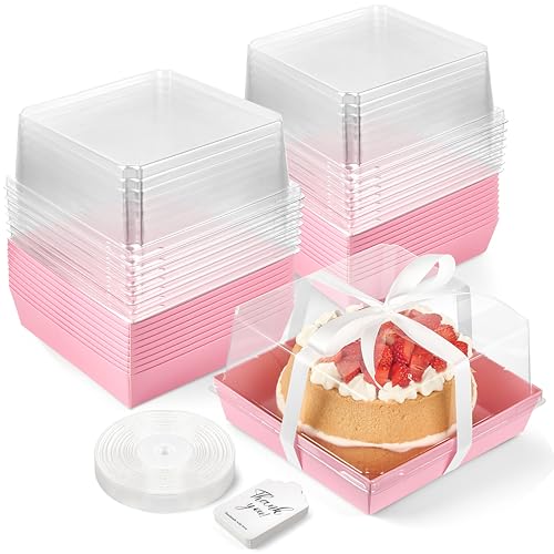 ZORRITA Paper Cake Boxes with Clear Lids, 7" x 7" x 4", 20 Pack, Pink - color: Pink