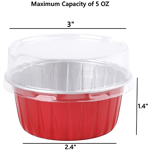 DEAYOU 100 Pack Aluminum Foil Cupcake Liners with Lids, 5oz Round Ramekin Baking Cups, Disposable Tart Pie Tin Pan Holder, Mini Cake Containers for Pudding, Party, Wedding, Oven Freezer Safe, Red