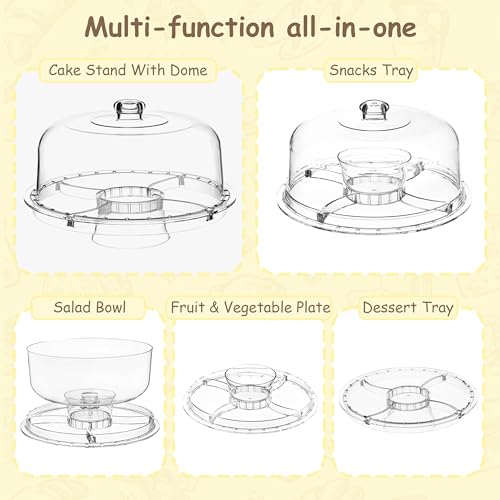 VALESKA 12inch Cake Stand with Acrylic Lid, 6-in-1 Multifuntional Serving Platter with Dome Cover, Cake Display Stand with Lid/Dessert Platter/Punch Bowl/Veggie Platter - BPA Free - color: Arylic