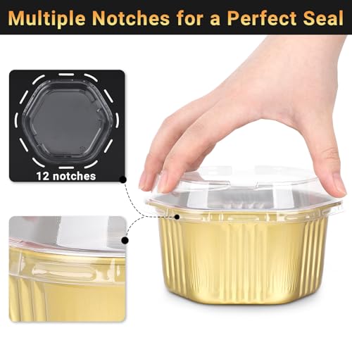 Beasea Disposable Baking Cups with Lids, 50 Pack 20oz 598ml Aluminum Foil Ramekins Pans Hexagon Individual Cupcake Desserts Containers Creme Brulee Pudding Souffle Oven Tins for Party - Gold - color: Gold, size: 20oz