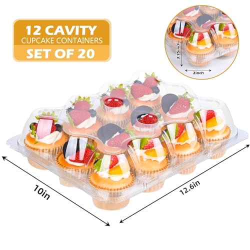 Plastic Cupcake Containers 12 Count (20 Sets), Stackable Cupcake Boxes Holders with Tall Dome Lid, Disposable Cupcake Carrier Trays Include 240 Cupcake Liners