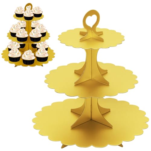 3-Tier Matte Gold Cupcake Stand, 2-Pack Heart Handle Dessert Display Tower, Quick Easy Assembly & Easy Clean for Wedding Birthday Baby Shower Graduation Party Decoration - color: Gold 2 Pack