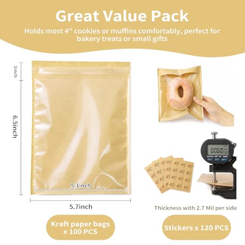 100 Pack Self Sealing Cookie Bags with Seal, 5.7x6.5 Inch Kraft Paper Bakery Bags with Window, Grease Resistant To Go Sleeves for Bake Sale Pastry, Brownie, Treat, Baked Goods Packaging - size: 5.7" x 6.5"