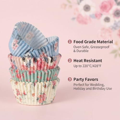 100 Count Cup Cake Liners Paper, Floral Cupcake Liners for Baking