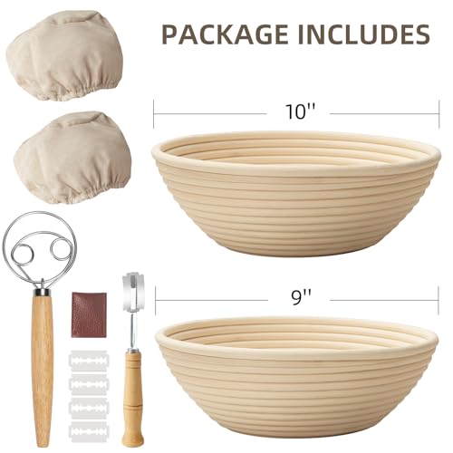 Kikcoin 9" & 10" Banneton Bread Proofing Basket Set, Round Banneton Basket for Sourdough Baking, Baking Supplies with Linen Liner, Bread Lame & Dough Whisk, Sourdough Proofing Tools - size: 9" Round & 10" Round