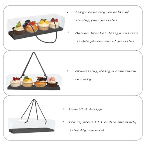 Clear Cupcake Boxes with Handle, 24 Pcs 4 Bakery Cake Boxes, Rectangular Cupcake Containers, Transparent Treat Boxes, Gift Boxes for Wedding Party, Dessert Packaging,12 x 3 x 3 Inch (Black) - color: Black