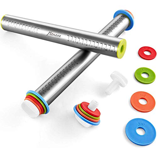 Rolling Pin and Silicone Pastry Mat Set with Adjustable Thickness Rings