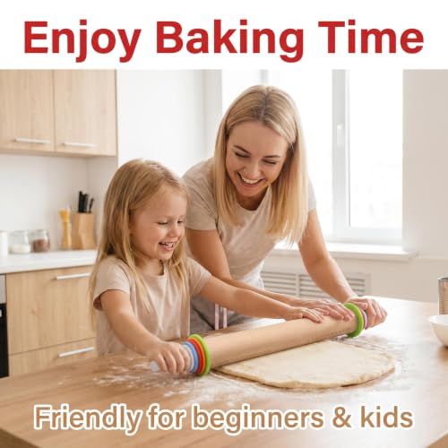 Wood Rolling Pin with Thickness Rings, 17"Adjustable Wooden Rolling Pins for Baking, Dough Roller Pins for Cookie Pastry Tools Cake Baker, Fondant Roller for Decorating Bakery Supplies Kitchen Gadgets - size: 17inch+Wood