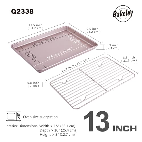 13-inch Baking Sheet Pan with Rack, Non-Stick Rectangular Shallow Dish Sheet Pan with Wire Rack for Oven Baking, BBQ, Jelly Roll and Roasting 13.5" x 9.6" x 1" (Champagne Gold) - size: 13 Inch