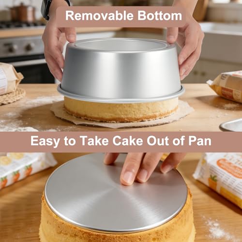Round Cake Pan with Removable Bottom, Set of 3 (6 x 3 inch/8 x 3 inch/10 x 3 inch), Aluminum Baking Pans for Layer Cakes, Evenly Heating Tools for Home Kitchen, Tapered Side