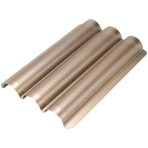MOUYAT 3 PCS Baguette Bread Pans, 15.2 x 11.2 Inch Gold Carbon Steel 3 Cavity Bread Baking Pans, Nonstick Baguette Bread Loaf Pans for Long Shaped Bread Baking