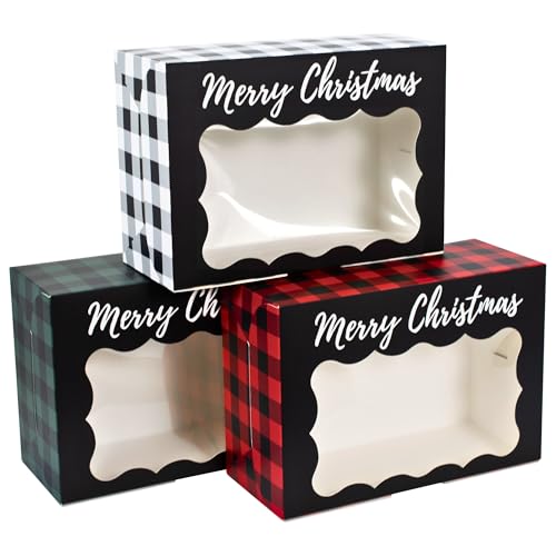 Christmas Cookie Boxes - 12 Pack - Plaid Bakery Gift Box with Window - color: Buffalo Plaid Christmas