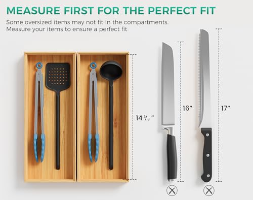 Bamboo Kitchen Drawer Organizer Set of 2, 15" x 6" Stackable Wood Tray - size: 15" x 6" x 2"