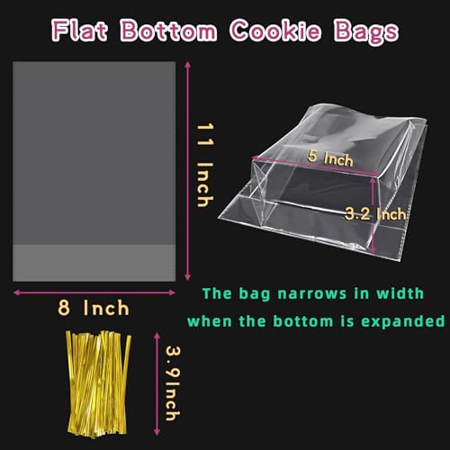 rebucas Cellophane Bags Flat Bottom Cookie Bags Cellophane Treat Bag with Twist Ties for Candy, Cookies, Popcorn, Gift Wrapping, 50 Pack 8x11 Inches, Clear - size: 8x11 inch (Pack of 50)