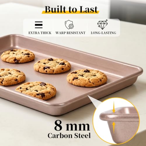 3-Piece Nonstick Baking Sheet Set, Cookie Sheet Pans in 3 Sizes, 0.8mm Thick Heavy Duty Carbon Steel Baking Trays, Easy to Clean for Cookies, Roasting & Baking, Champagne Gold - color: Gold