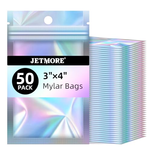 JETMORE Holographic Bags, 50 PCS Mylar Bags, 3x4in Resealable Treat Bags - color: Holographic, size: 3x4 inch