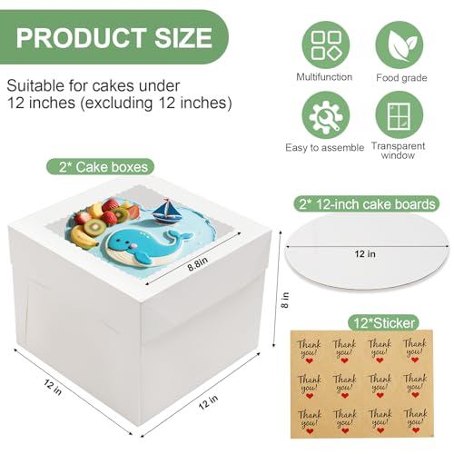 2 Pack Cake Boxes with Window, 12x12x8 Inches, for Wedding Birthday