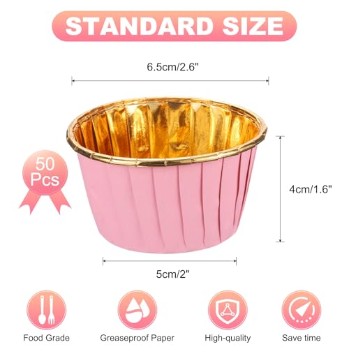uxcell Mini Metallic Foil Cupcake Liners for Baking Cupcake, 50Pcs Cupcake Muffins Liners Cupcake Holders Paper Greaseproof Wrappers for Wedding, Showers, Gift, Pink/Gold - color: Pink/Gold