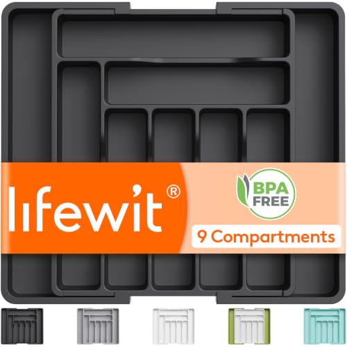 Lifewit Expandable Silverware Drawer Organizer, Kitchen Utensil Tray - color: Black, size: XL (13"-22.4" W × 15"D)