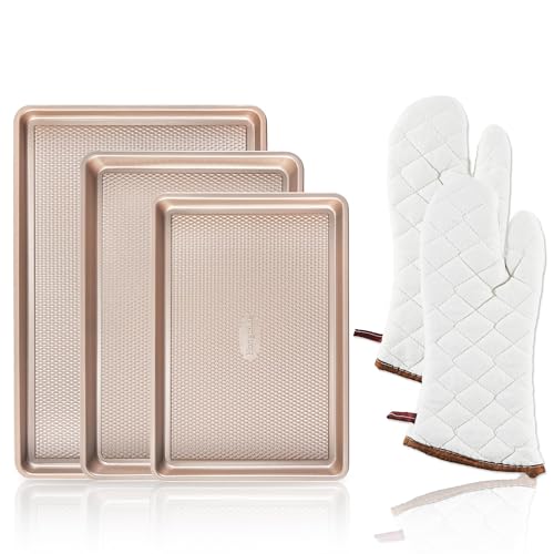 HONGBAKE 3 Pack Gold Nonstick Baking Sheet Pan Set with Oven Mitts Heat Resistant, Non-Toxic Half/Quarter/Jelly Roll Pans with Diamond Texture Pattern, Heavy Duty 0.8mm Thick Cookie Trays for Cooking - color: Champagne Gold (Carbon Steel) + Mitts