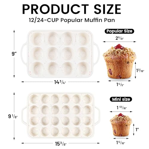 Vinino 2Pack Silicone Muffin Pan for Baking with Metal Reinforced Frame, Regular 12 Cup and Mini 24 Cup Nonstick Cupcake Pan Set, BPA Free Silicone Muffin Tray Molds for Oven Dishwasher Safe - size: Mini+Standard