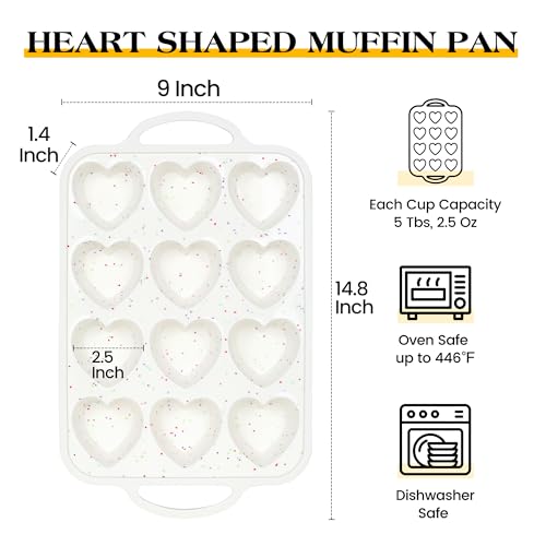 12 Cup Heart Shaped Silicone Muffin Pan for Baking with Metal Frame - color: Cream, size: 12-Cup Heart