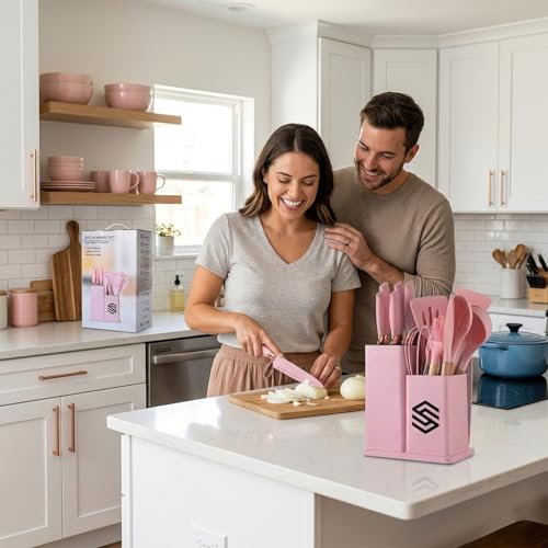19 PCS Pink Silicone Cooking Utensils Set with Wooden Handle & Knife Set Block, Heat-Resistant Spatula, Spoon, Ladle, Whisk with Holder – BPA Free, Silicone Kitchen Utensil Set for Cooking & Baking - color: Pink