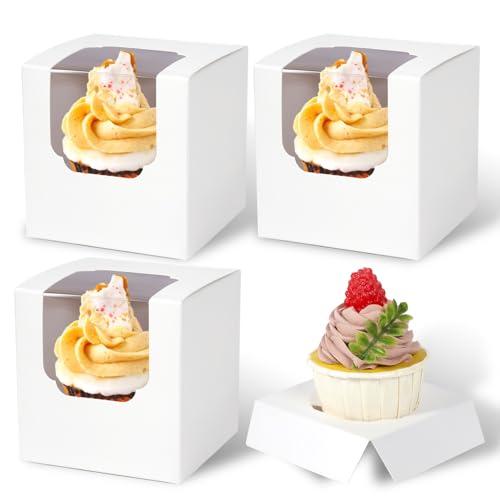 JCD 70pcs Cupcake Boxes, 3.5inches Auto-Pop up Single Individual Pre-Assembled White Cake Boxes with Window and Inserts Single Cupcake Containers for Birthdays, Wedding(White/70Pcs) - color: White/70Pcs