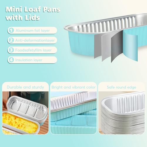 100 Pack Mini Loaf Pans with Lids and Spoons,6.8oz Bule Small Loaf Pans - color: Light Blue