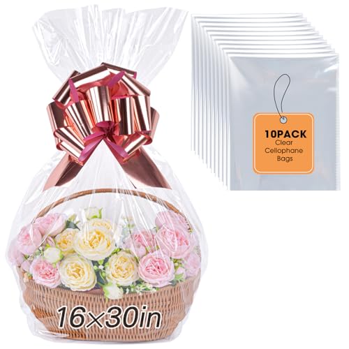 Yuiicaov 10PCS Large Cellophane Bags, 16x30 Inches Clear Cellophane Wrap for Gift Baskets, Basket Packaging Clear Gift Bags 2.8 Mil Thick - size: 16x30 Inch(Pack of 10)
