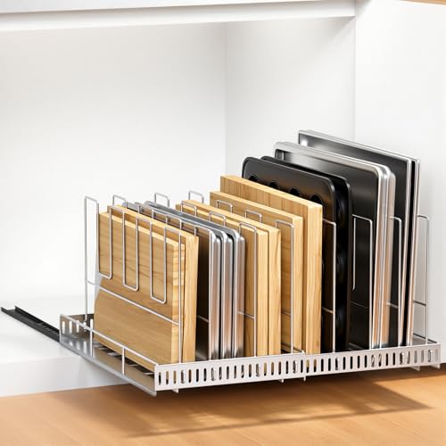 Housolution Pull Out Baking Tray and Cookie Sheet Cutting Board Organizer - color: Silver, 8 Dividers