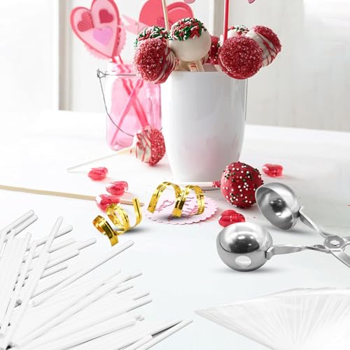 301 Pcs Cake Pop Sticks and Wrappers Kit, Including 100 Papery Lollipop Sticks & Cake Pop Bags & Gold Twist Ties 1 Cake Pop Scooper for Making Candy Lollipop Chocolates Packaging Supplies Accessories