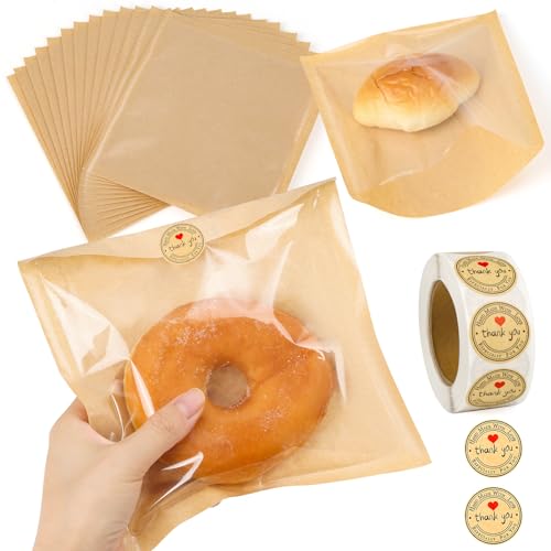 150 Pack Bakery Bags with Window, 7.5 x 7.1 Inches, Sublaga Paper Sandwich Bags, Donut Bags To Go, Bakery Paper Bags for Treat, Snack, Cookie Waffle Cake Packaging - color: Brown