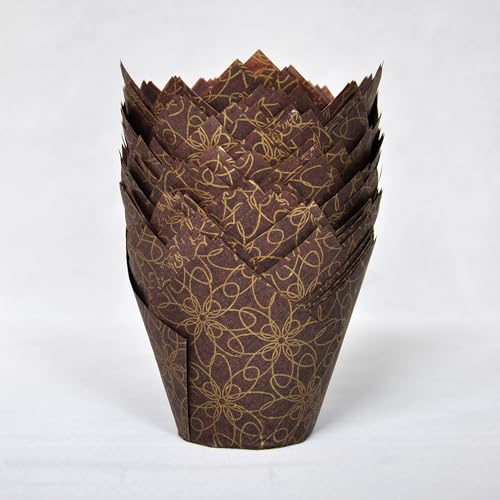 (JUMBO Large size) Brown Golden pattern Tulip Baking Cups 2-1/4"(Base diameter) x 3-3/4"(Wall height) Greaseproof paper Muffin liners, Case of 130 pcs - color: Golden pattern