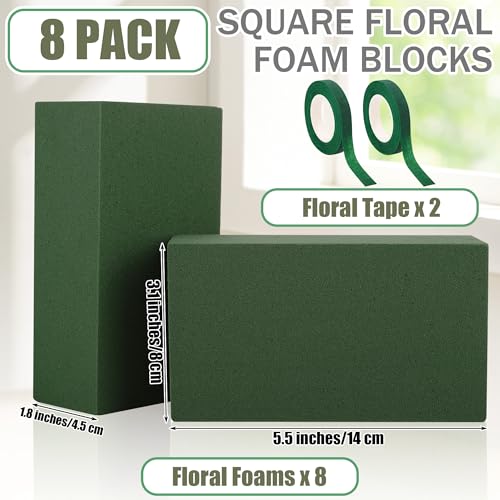 Aneco 8 Pieces Floral Foam Blocks with 2 Rolls Floral Tape 5.5''L x 3.1''W x 1.8''H Green Square Flower Foams Flower Arrangements Supplies for Dry & Wet Flower Wedding Home Decor and DIY Crafts