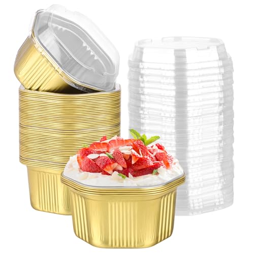 Beasea Disposable Baking Cups with Lids, 50 Pack 20oz 598ml Aluminum Foil Ramekins Pans Hexagon Individual Cupcake Desserts Containers Creme Brulee Pudding Souffle Oven Tins for Party - Gold - color: Gold, size: 20oz