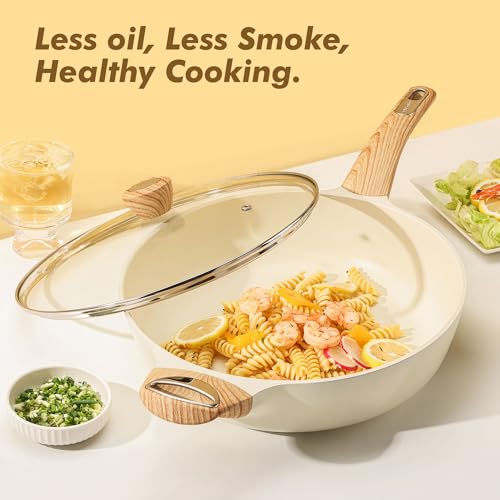 SENSARTE Ceramic Nonstick Frying Pan Skillet with Lid, 13.3 Inch Large Deep Frying Pan, 6 QT Saute Pan, Induction Pan, Healthy Non Toxic Cooking Pan with Helper Handle, PFOA PFAS PTFE Free - color: Ceramic White, size: 6QT / 13.3IN