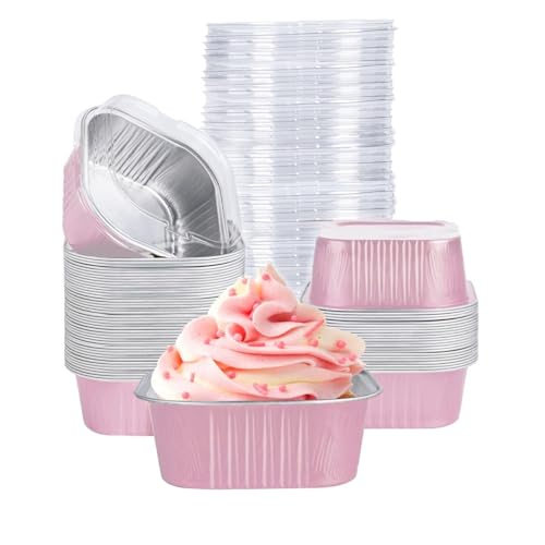 40 Pack Mini Cake Pans With Lids, 5oz Square Aluminum Foil Brownie Baking Cups, Muffin Tin Ramekins, Disposable Dessert Cupcake Cups for Wedding Birthday Party, Pink - color: Pink