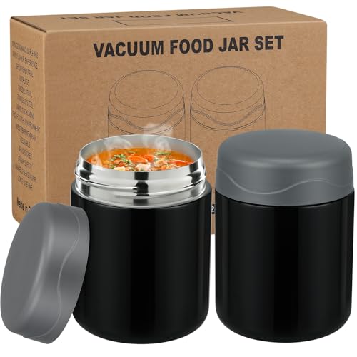 wiwens 12oz 2 Pack Insulated Food Jar Set for Kids Soup Thermo Hot Food Lunch Container Wide Mouth Leak Proof Stainless Steel Vacuum Bento Box for School Office Travel Outdoors - color: Black*2