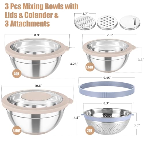 TeamFar Mixing Bowls with Colander, Stainless Steel Salad Bowls, Khaki - color: Khaki
