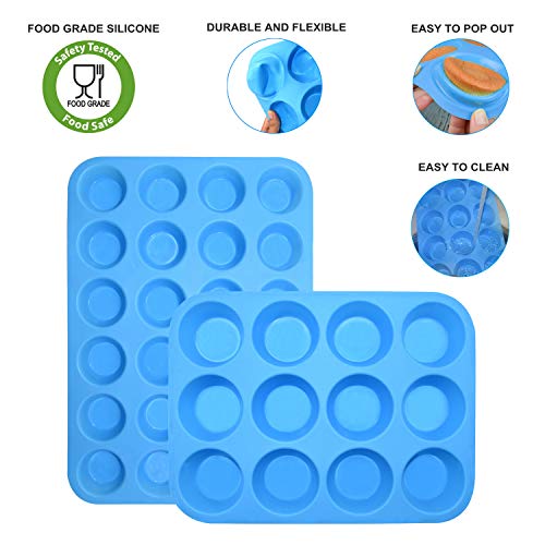Silicone Muffin Pan Cupcake Set,Non-Stick 12 Cups and Mini 24 Cups - color: Blue