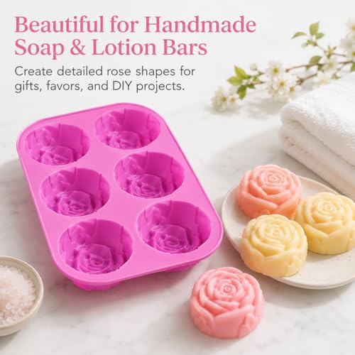 2 Pack Rose Silicone Molds, 6-Cavity Flower Soap Molds for Chocolate, Candy, Cake, Jelly, Pudding, Ice Cubes, Lotion Bars, Candles & Bath Bombs, Pink