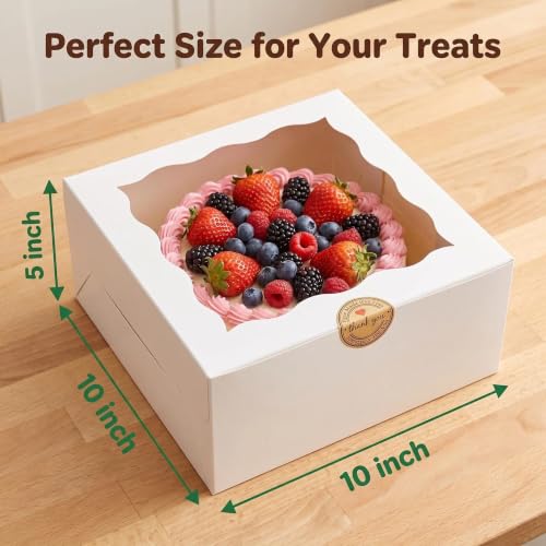 Cake Box 10x10x5 Inch, 24 Pack White Bakery Boxes with Clear Window