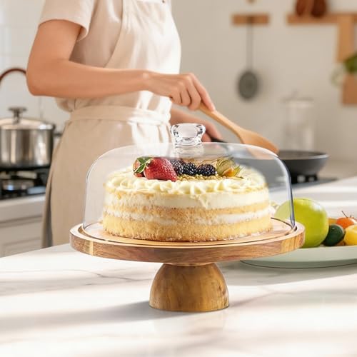 12" Acacia Wood Cake Stand with Dome Lid - 2-in-1 Reversible Dessert Tray