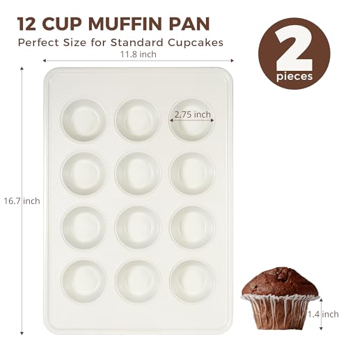 HONGBAKE 2 Pack Nonstick Ceramic Muffin Pan, 12 Cup Muffin tin for Baking, Non-toxic Cupcake Pan, Heavy-duty Aluminized Steel Cupcake Tray with Diamond Texture, Easy To Clean (Cream, 2PCS)