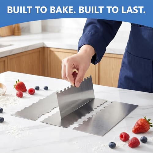 3 Pack Stainless Steel Cake Scraper Set, 8.66 Inch Double-Sided Pattern Edge Cake Decorating Combs for Buttercream, Frosting, Mousse and Baking Projects