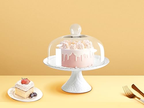 Jusalpha 12 Inches White Porcelain Cake Stand-Cupcake Stand with Glass Dome