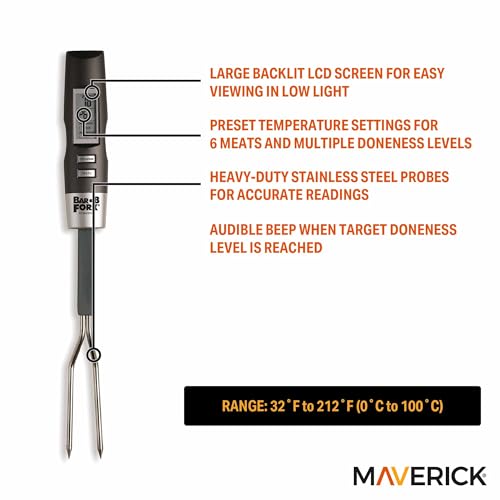 Maverick BarBFork Digital Meat Thermometer Fork, Preset Temps for 6 Meats, Backlit LCD, Beep Alert, Stainless Steel Probes, Auto-Off