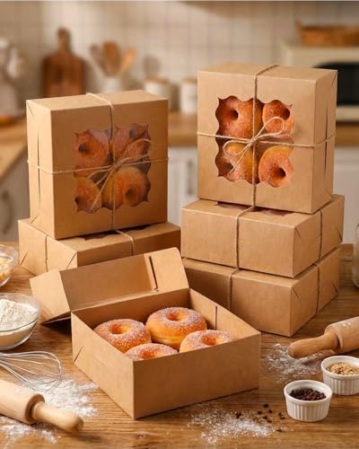 qiqee Cookie Box with Window 6"x6"x3" 240Pcs Bakery Box Brown - color: Brown, size: 6x6x3"/240packs